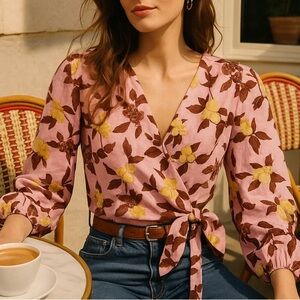 Maison D'Amelie Anthro • Linen Blend Floral Pink Wrap Top Blouse Long Sleeve
